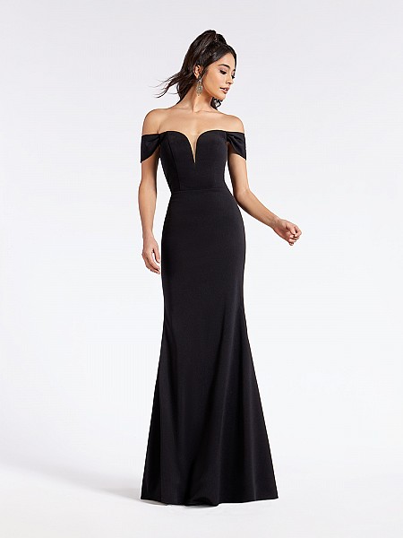 Black floor length formal gown with off-the-shoulder straps and illusion sweetheart neckline