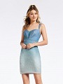 Metallic ombre blue short sheath dress with sweetheart neckline and triple spaghetti straps