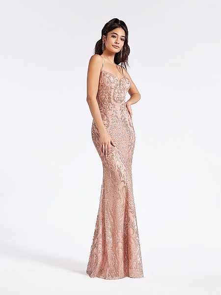 Glitter print formal dusty pink long dress with sweetheart neckline and natural waistline