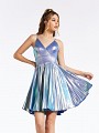 Short lilac iridescent satin A-line dress with fitted bodice and pleated skater skirt