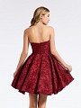 Short wine colored party dress with jacquard print with open back folded neckline