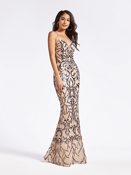 Long embroidered sequin purple and nude mermaid dress with deep sweetheart neckline