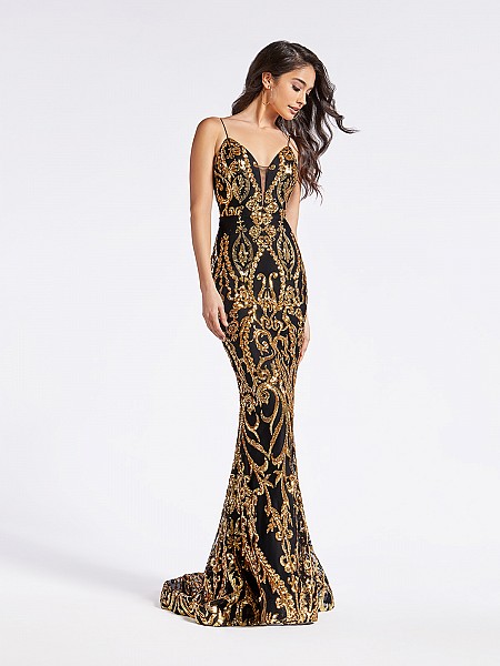 Elegant embroidered sequin long formal gold and black mermaid dress with plunging neckline