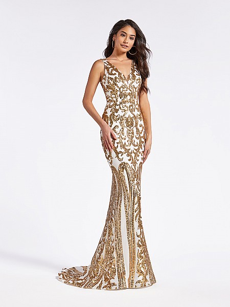 Gold and white mermaid floor length formal gown with v-neckline with inset and sequins