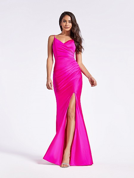 Floor length fitted sheath hot pink formal dress with surplice V-neck and sexy slit