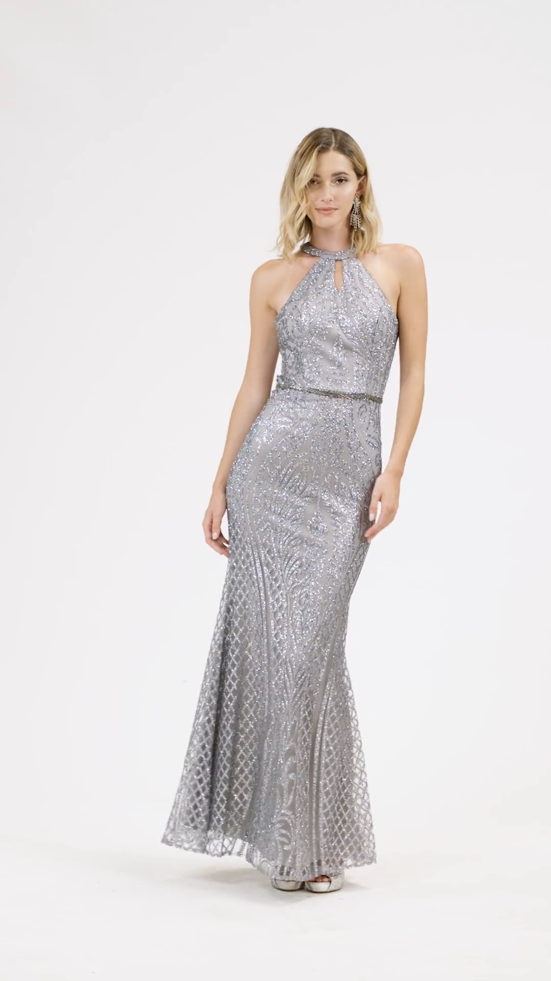 Val Stefani 3923RY figure-hugging glitter print tulle sheath prom dress with sexy halter neck and racerback