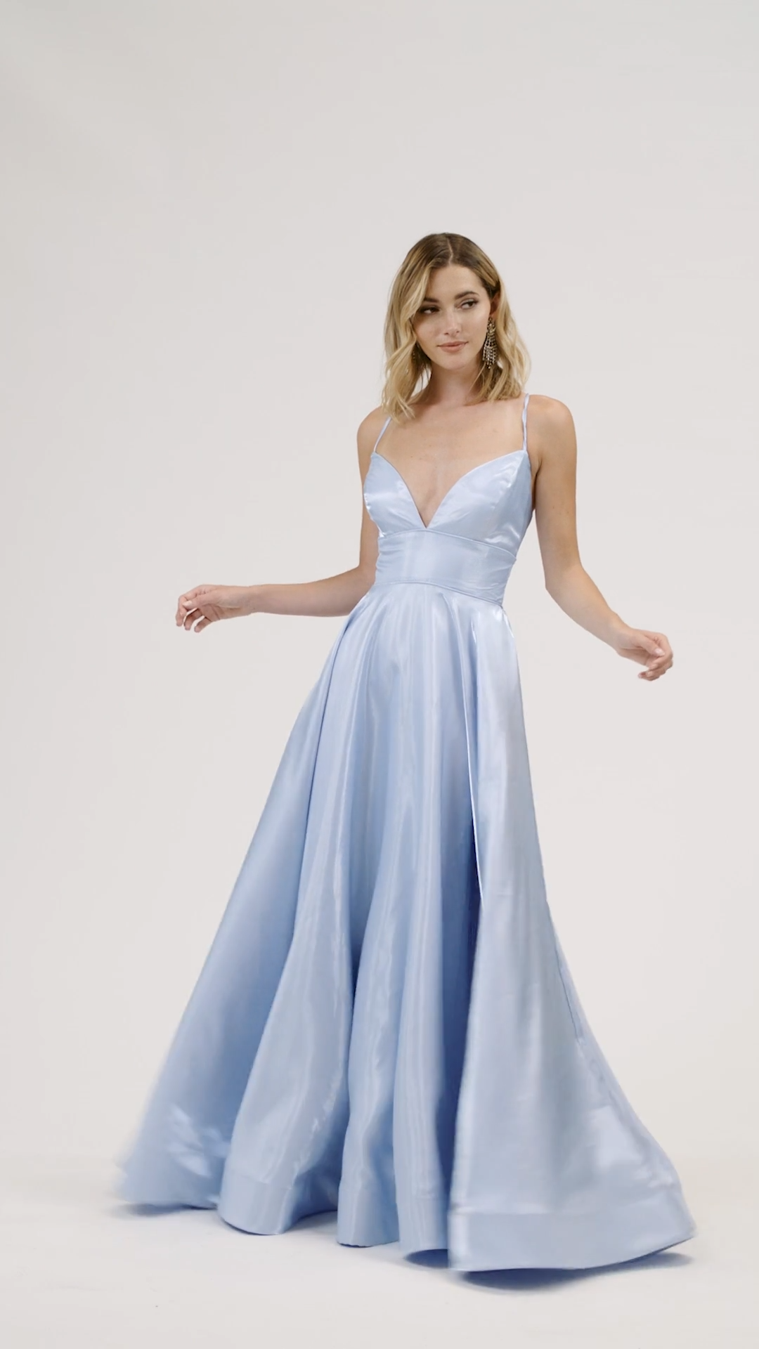ValStefani 3924RY effortlessly flowing shiny satin full A-line prom dress with sexy front and back necklines