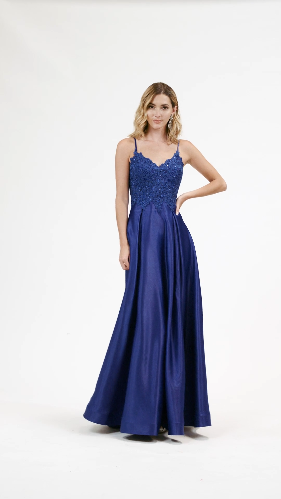 Val Stefani 3929RY fun and light weight satin and lace appliques A-line floor length formal gown