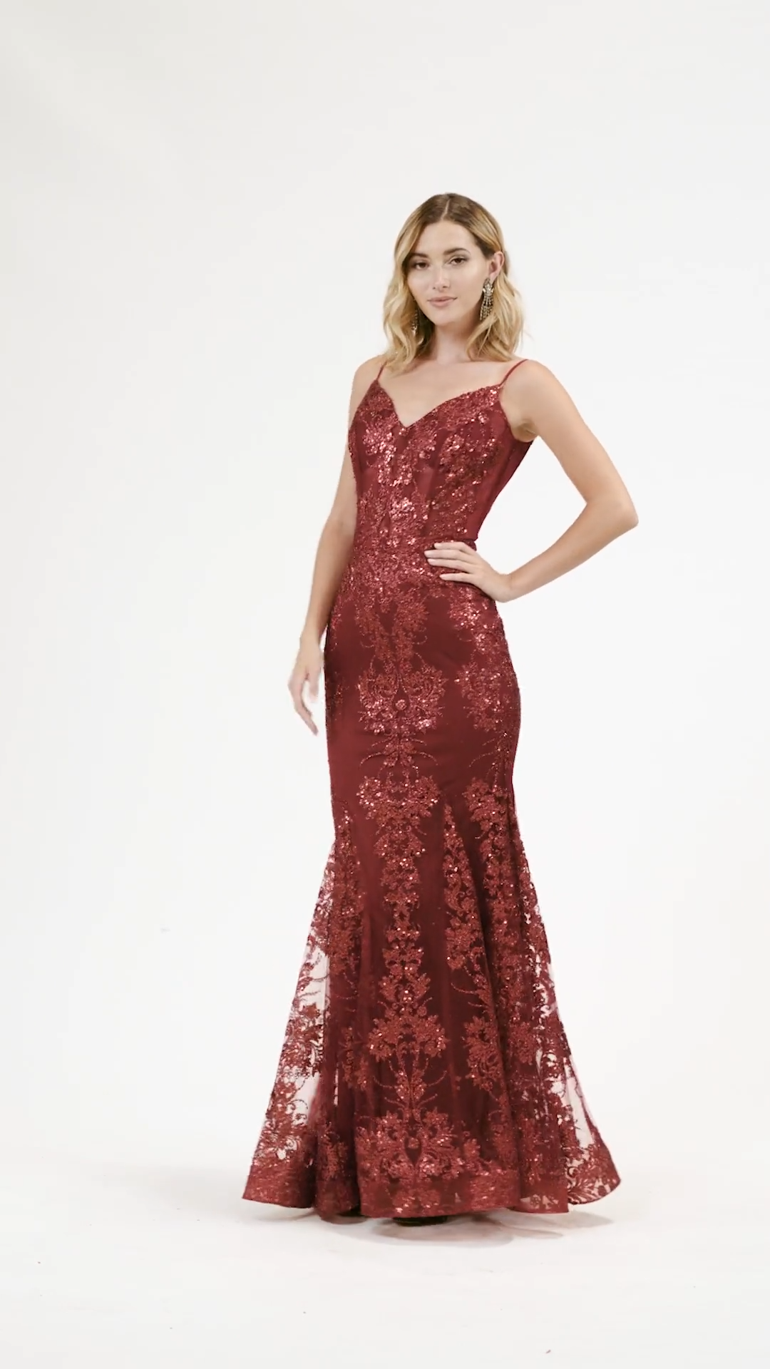 Val Stefani 3930RY fun and flirty glitter sequin print tulle unlined mermaid with V-necklines and spaghetti straps