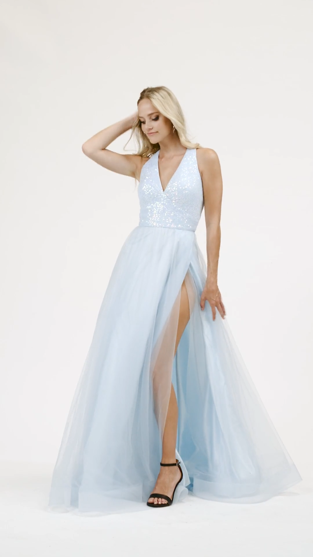 Val Stefani 3946RB whimsical sequin bodice V-neck and strappy back and flowy tulle full A-line with wrap skirt prom dress