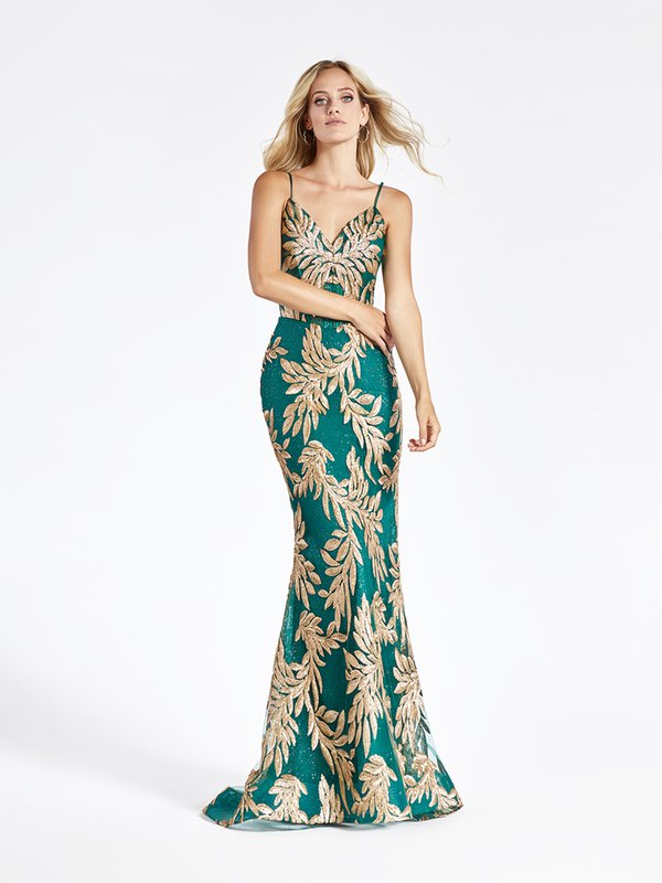 Val Stefani 3947RD gold sequin embroidery leaf net over green sparkle tulle figure flattering mermaid prom dress