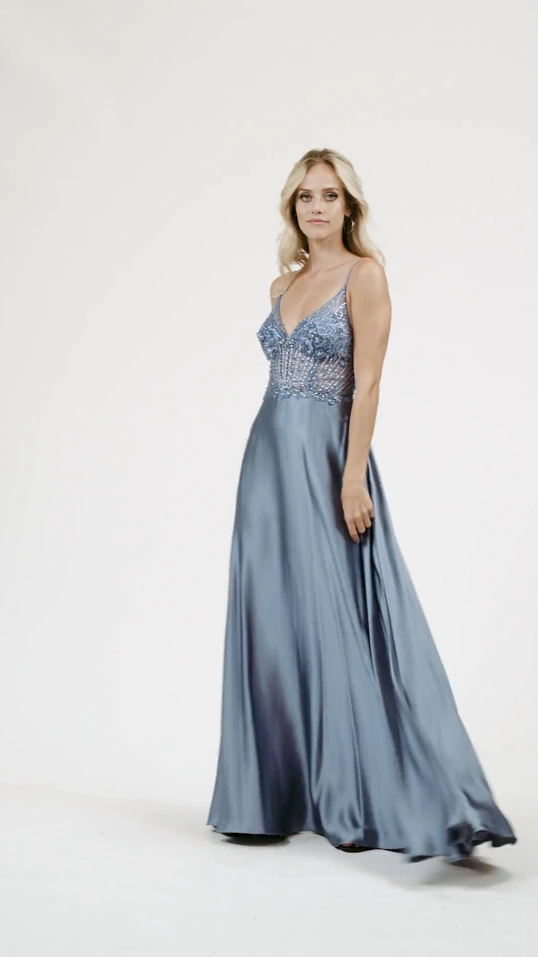 Val Stefani 3958RD light weight and airy soft satin A-line prom dress with unlined beaded sweetheart bodice and side pockets