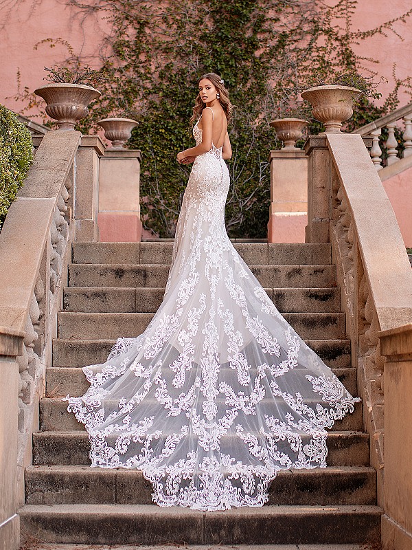 Low Beaded Back Lace Mermaid Wedding Dress with Beautiful Illusion Scalloped Cathedral Train Val Stefani Gala D8244