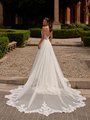 Long cathedral tulle and lace train with scoop back neckline wedding dress