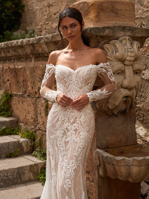 Romantic sparkly lace off the shoulder wedding dress with long illusion sleeves