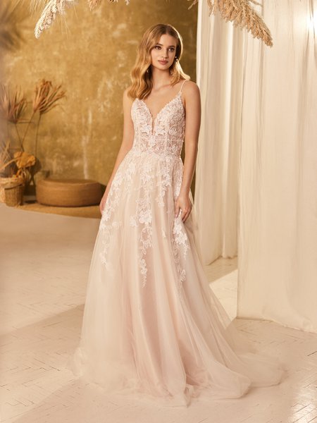 Style BRIAR Lace Appliques and Tulle Deep V-Neck with Illusion Inset Full A-Line Dress