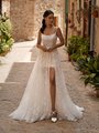 Bohemian all lace A-line wedding dress with scoop neckline, high leg slit, and mini skirt