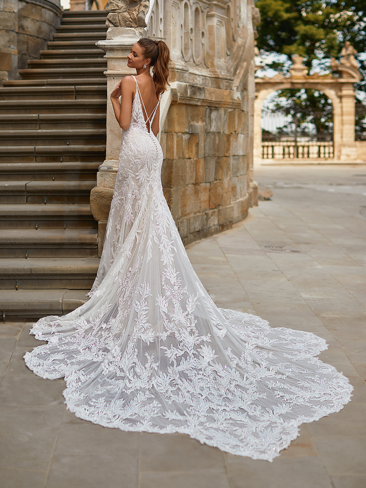 Glamourous Long Sleeve Lace Column Wedding Dress with Sparkle Underlay