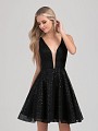 Val Stefani Cocktail 3358RY elegant formal short black sequin A-line with low see-through illusion inset neckline Val Stefani Cocktail 3358RY elegant formal short black sequin A-line with low see-through illusion inset neckline