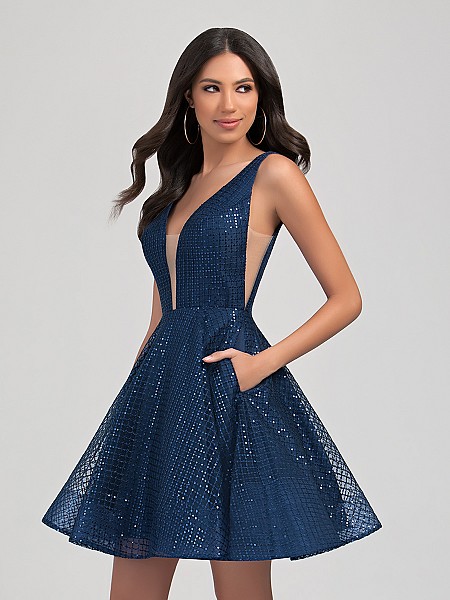 Val Stefani Cocktail 3358RY short sequin A-line homecoming party dress with illusion insets and low V-neck Val Stefani Cocktail 3358RY short sequin A-line homecoming party dress with illusion insets and low V-neck