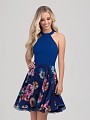 Val Stefani Cocktail 3359RD short A-line with flowing print chiffon skirt and halter neckline Val Stefani Cocktail 3359RD short A-line with flowing print chiffon skirt and halter neckline