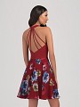 Val Stefani Cocktail 3359RD unique strappy back homecoming dress with flowy print chiffon skirt Val Stefani Cocktail 3359RD unique strappy back homecoming dress with flowy print chiffon skirt