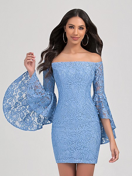 Val Stefani Cocktail 3361RE all-lace bohemian short sheath dress with off-the-shoulder neckline and long bell sleeves Val Stefani Cocktail 3361RE all-lace bohemian short sheath dress with off-the-shoulder neckline and long bell sleeves