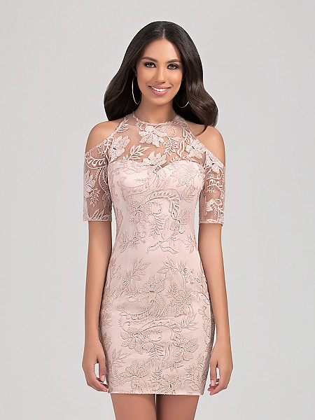Val Stefani Cocktail 3266RE gorgeous short lace formal dress with modern jewel neck and cold shoulders Val Stefani Cocktail 3266RE gorgeous short lace formal dress with modern jewel neck and cold shoulders