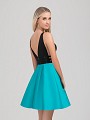 Val Stefani Cocktail 3367RY satin short ball gown with low illusion neckline and side pockets Val Stefani Cocktail 3367RY satin short ball gown with low illusion neckline and side pockets