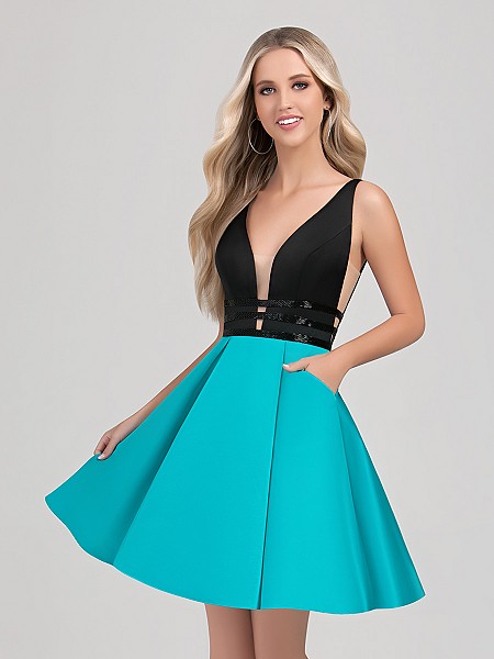 Val Stefani Cocktail 3367RY vibrant short two-tone cocktail ball gown with pockets Val Stefani Cocktail 3367RY vibrant short two-tone cocktail ball gown with pockets