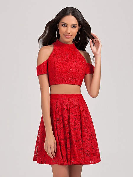 Val Stefani Cocktail 3368RW short all-lace two piece A-line cocktail dress with crop top Val Stefani Cocktail 3368RW short all-lace two piece A-line cocktail dress with crop top
