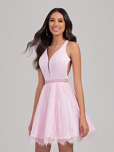 Val Stefani Cocktail 3369RY short satin and lace A-line dress with an illusion sweetheart inset Val Stefani Cocktail 3369RY short satin and lace A-line dress with an illusion sweetheart inset
