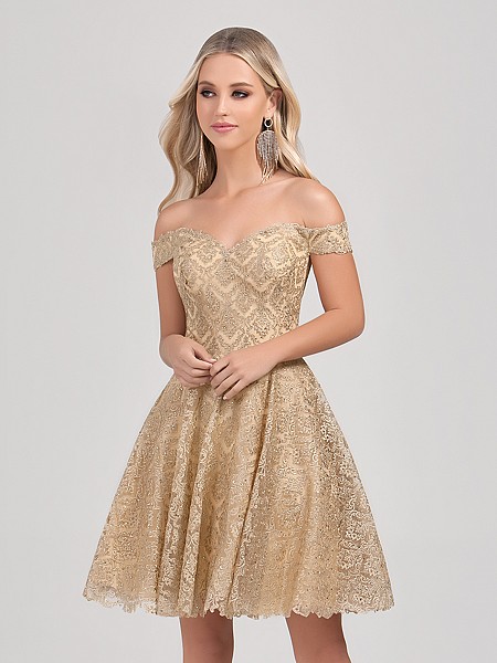 Val Stefani Cocktail 3379RK short metallic gold lace off-the-shoulder ball gown Val Stefani Cocktail 3379RK short metallic gold lace off-the-shoulder ball gown