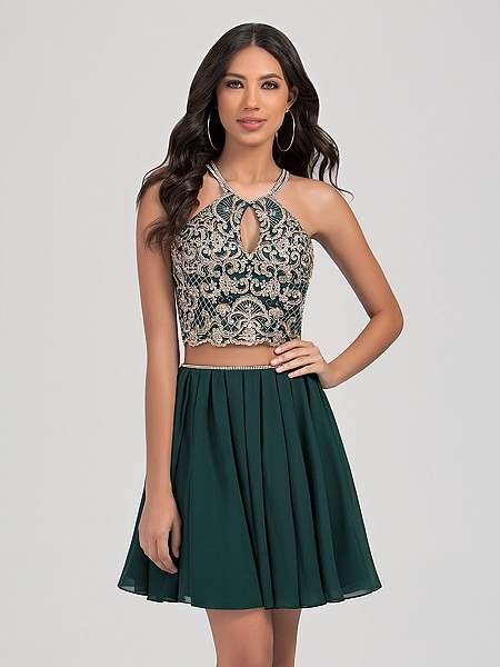 Val Stefani Cocktail 3380RK two piece halter neck short chiffon A-line formal dress Val Stefani Cocktail 3380RK two piece halter neck short chiffon A-line formal dress