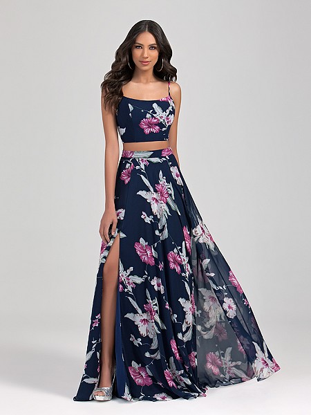 Val Stefani Cocktail 3382RD flowy floor length print chiffon two piece semi-formal dress with sexy slit skirt Val Stefani Cocktail 3382RD flowy floor length print chiffon two piece semi-formal dress with sexy slit skirt