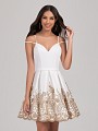 Val Stefani Cocktail 3384RD elegant white ball gown with spaghetti straps and gold lace skirt Val Stefani Cocktail 3384RD elegant white ball gown with spaghetti straps and gold lace skirt