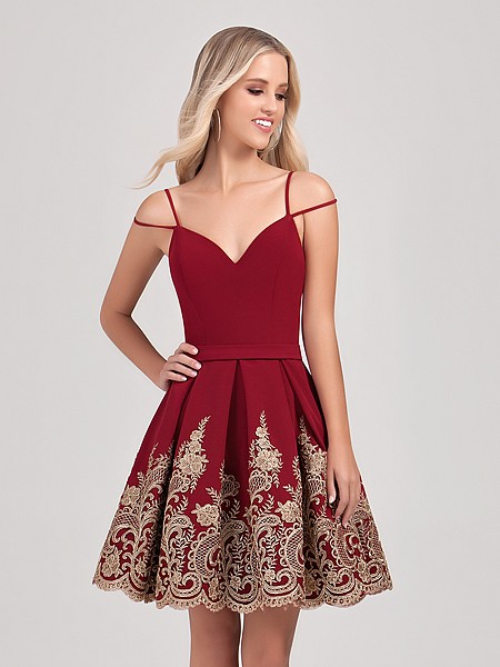 Val Stefani Cocktail 3384RD short satin semi-formal ball gown holiday dress with gold lace Val Stefani Cocktail 3384RD short satin semi-formal ball gown holiday dress with gold lace
