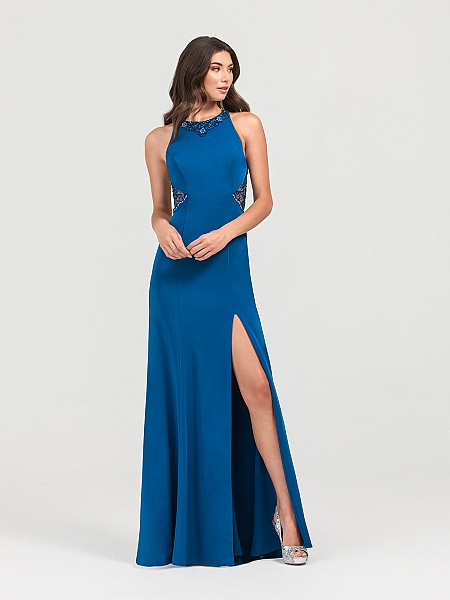 ValStefani 3417RG peacock stretch satin trumpet long gown with beaded halter neck ValStefani 3417RG peacock stretch satin trumpet long gown with beaded halter neck