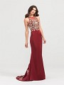 ValStefani 3422RG sleeveless stretch satin mermaid gown in wine with gold lace