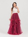 ValStefani 3454RE A-line with cascade skirt with tulle and lace in wine and nude