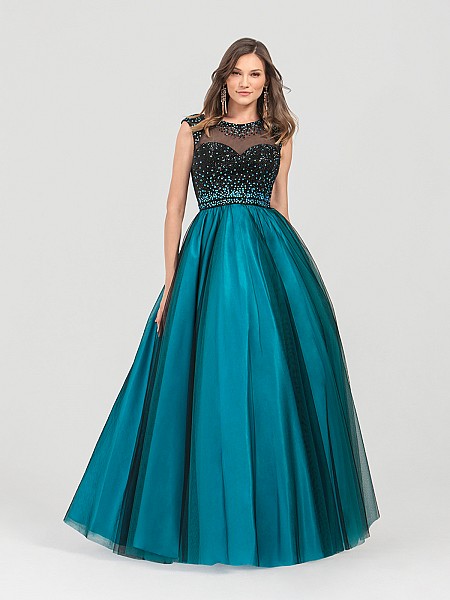 ValStefani 3480RE black and peacock tulle ball gown with cap sleeves and beading ValStefani 3480RE black and peacock tulle ball gown with cap sleeves and beading