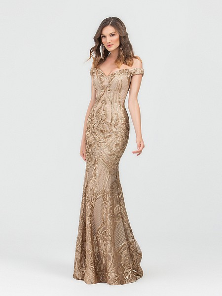 ValStefani 3497RB gold off-the-shoulder sequin print mermaid gown with drop waist ValStefani 3497RB gold off-the-shoulder sequin print mermaid gown with drop waist