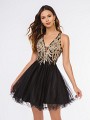 Style 3657RG classy sleeveless tulle mini ball gown in black and gold with sweetheart neckline Style 3657RG classy sleeveless tulle mini ball gown in black and gold with sweetheart neckline