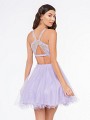 Style 3657RG racerback short ball gown cocktail dress with cutout at back in lilac and gold Style 3657RG racerback short ball gown cocktail dress with cutout at back in lilac and gold