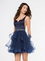 Style 3678RE navy satin square neck short net cascading ball gown cocktail dress with illusion inset at side bodice Style 3678RE navy satin square neck short net cascading ball gown cocktail dress with illusion inset at side bodice