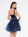 Style 3678RE short net ball gown with cascades and satin open back bodice with horsehair trim hem Style 3678RE short net ball gown with cascades and satin open back bodice with horsehair trim hem