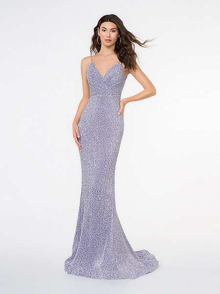 Style 3681RG lilac floor length stretch sequin fabric mermaid gown with surplice V-neck and thin straps
