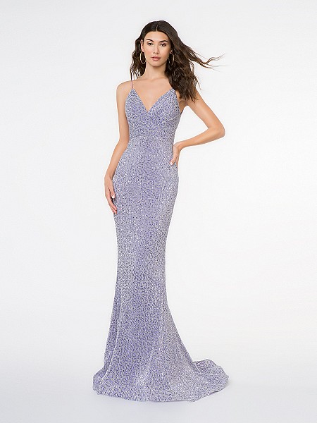 Style 3681RG lilac floor length stretch sequin fabric mermaid gown with surplice V-neck and thin straps Style 3681RG lilac floor length stretch sequin fabric mermaid gown with surplice V-neck and thin straps