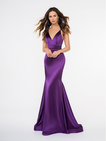 Style 3685RA stunning purple stretch charmeuse mermaid with deep surplice V-neck and thin straps Style 3685RA stunning purple stretch charmeuse mermaid with deep surplice V-neck and thin straps