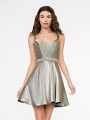 Style 3687RK scoop neck and thin straps short A-line dress with beaded belt in silver iridescent satin Style 3687RK scoop neck and thin straps short A-line dress with beaded belt in silver iridescent satin